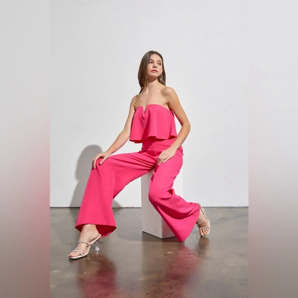 Strapless Ruffle Wide-Leg Jumpsuit - Hot Pink - Picture 2 of 5